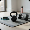 Kettlebell and dumbbells on a mat with a blurred background